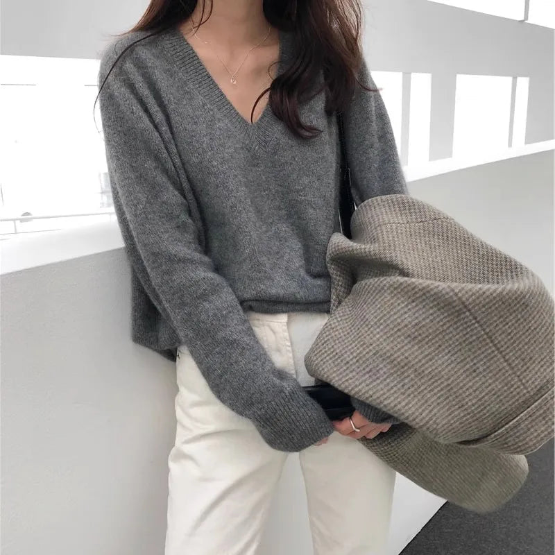 Kvinnors Tröja 100% Cashmere V - ringning Loose Fit - STILUNA