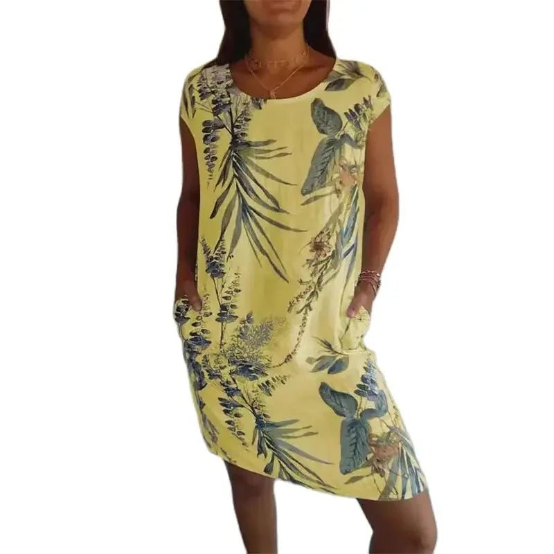 Sommarklänning med Botaniskt Print & Fickor – Boho Stil - STILUNA