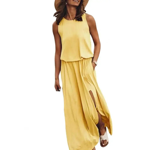 Ärmlös Maxiklänning Dam i Grön Polyester – Elegant Sommarklänning med Rund Hals 1