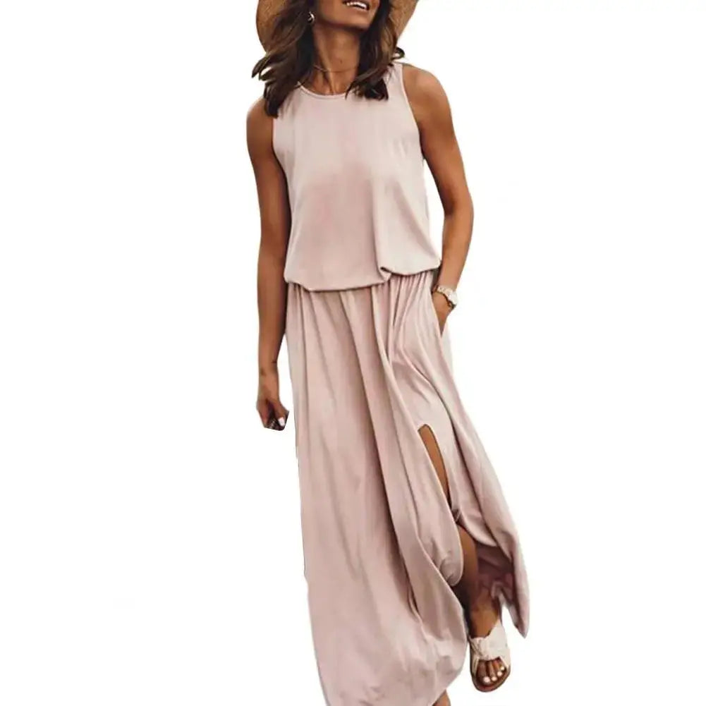 Ärmlös Maxiklänning Dam i Grön Polyester – Elegant Sommarklänning med Rund Hals 2