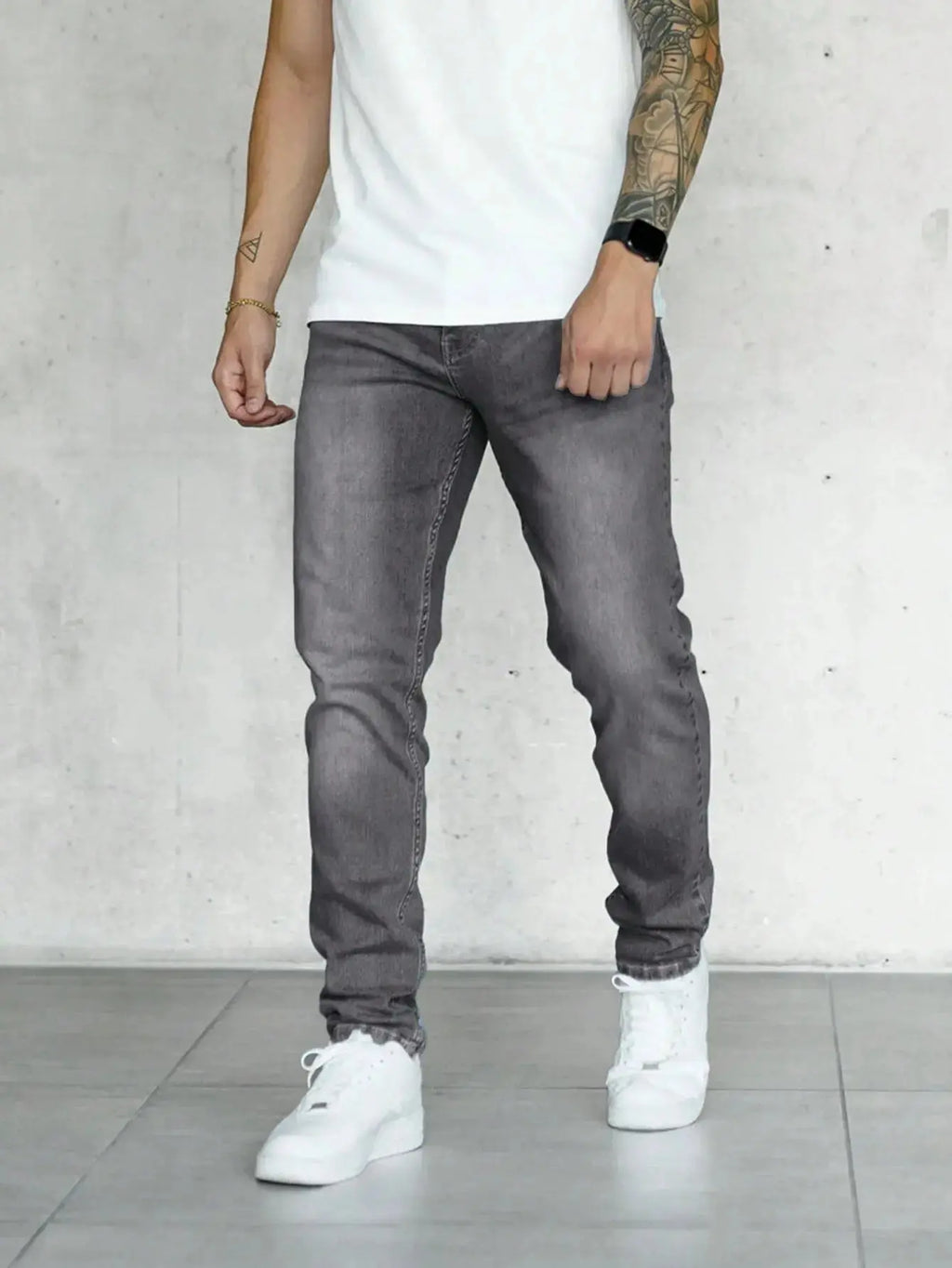 Slim Fit Jeans Herr med Snedställda Fickor – Grå, Midjehög Design, Bekväm Materialblandning 3