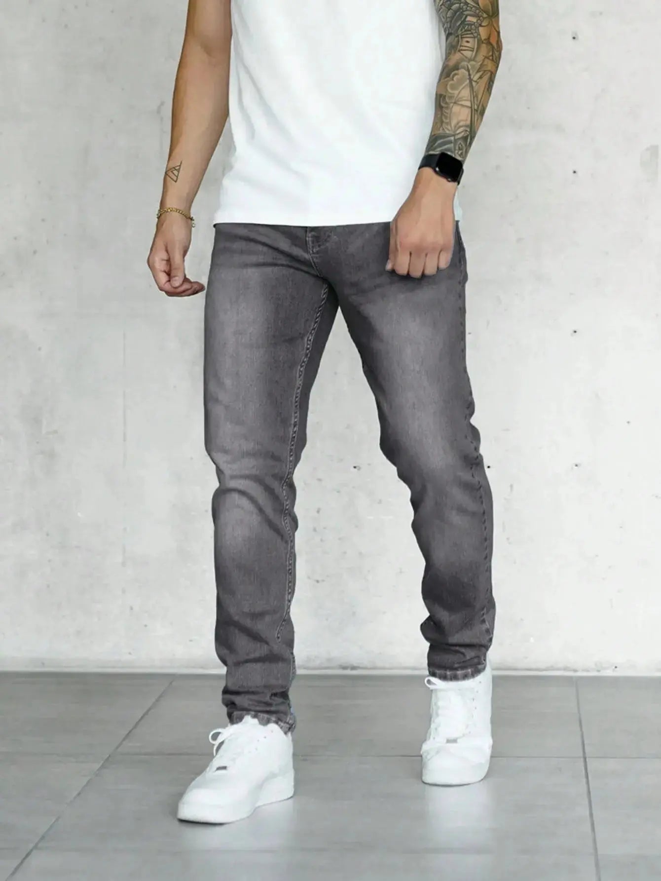 Slim Fit Jeans Herr med Snedställda Fickor – Grå, Midjehög Design, Bekväm Materialblandning 3