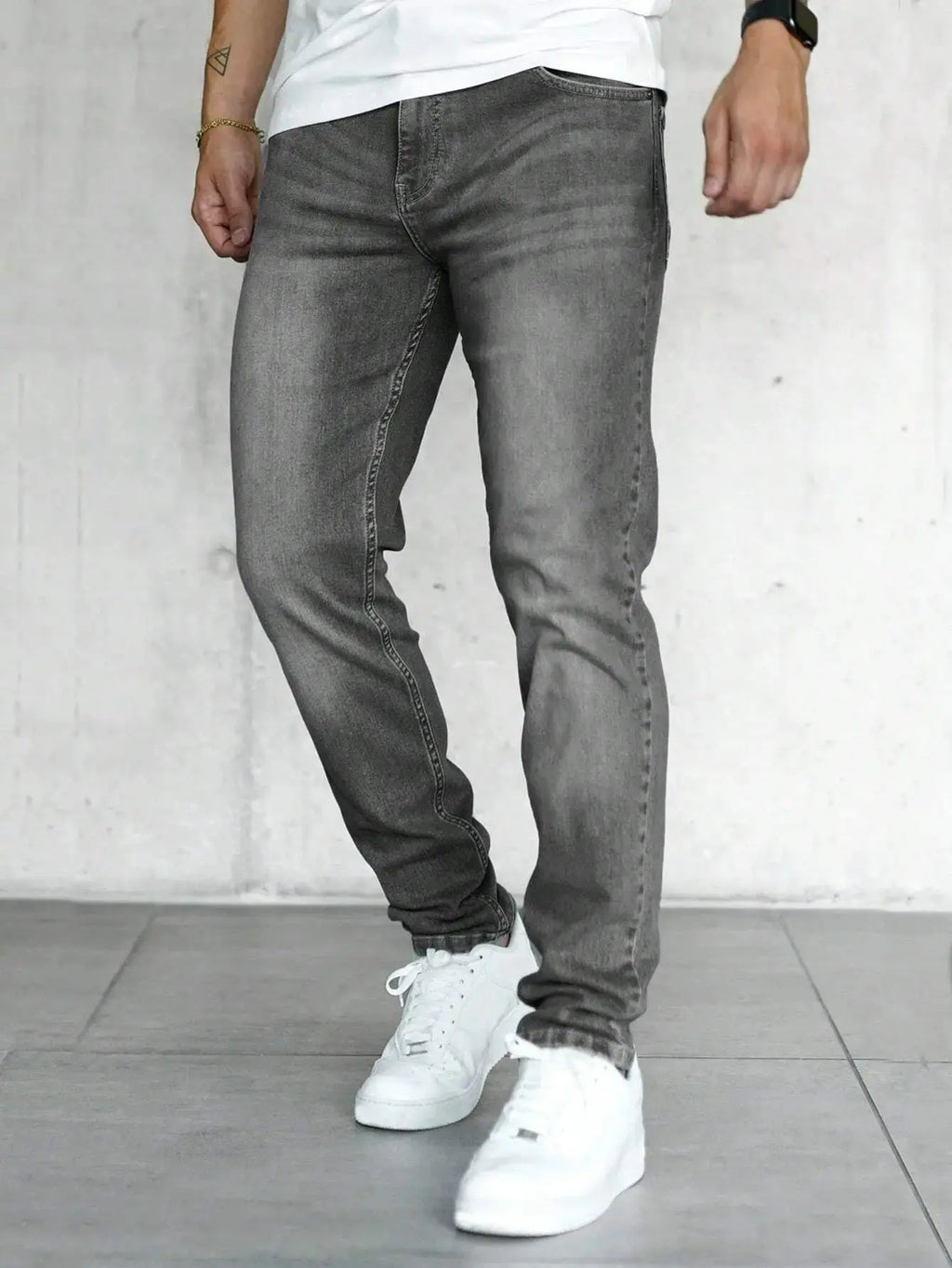Slim Fit Jeans Herr med Snedställda Fickor – Grå, Midjehög Design, Bekväm Materialblandning 4