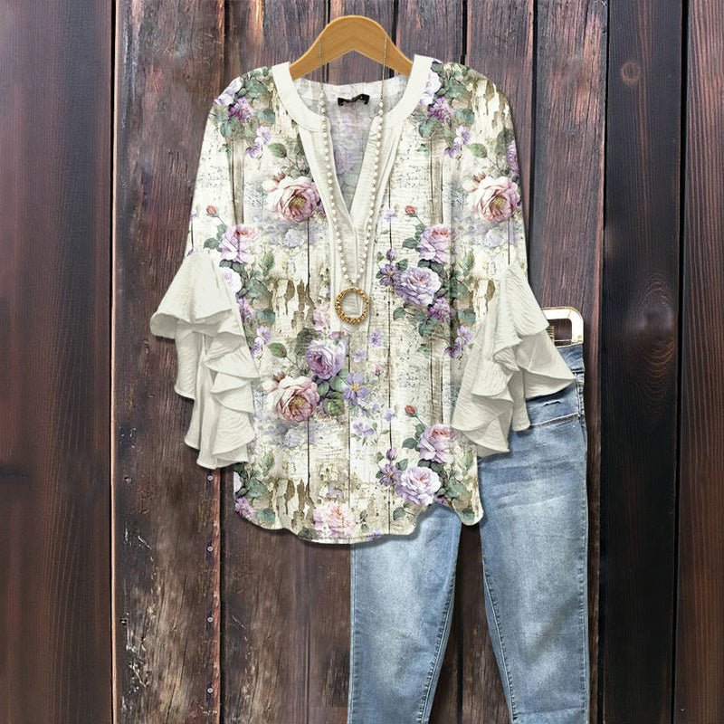 Avslappnad Blus med Blommönster i Bomull och Polyester – V - Ringning och Volangärmar - STILUNA