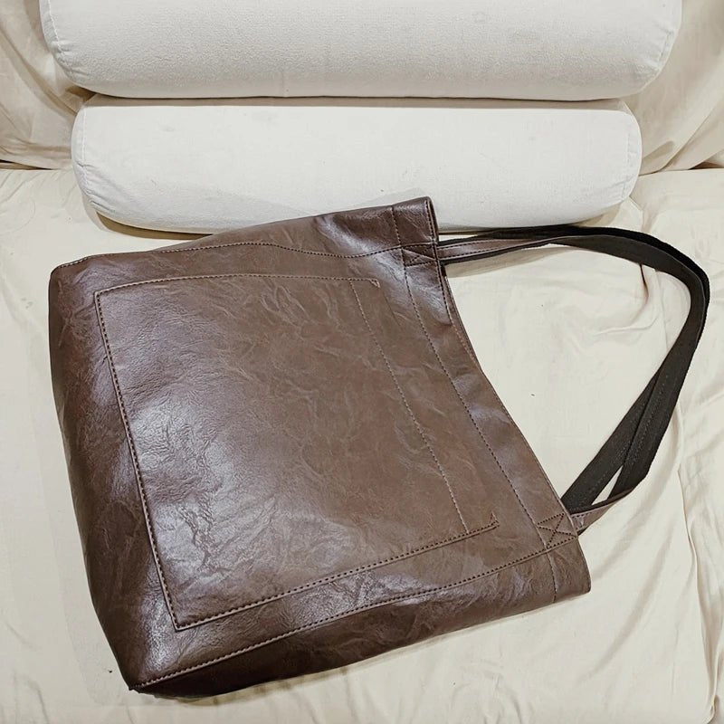 Axelväska Oljevaxläder Stor Kapacitet Modernt Nytt Stort Tote Bag Retro Mjuk Läder Överdimensionerad Shopping Handväska - STILUNA