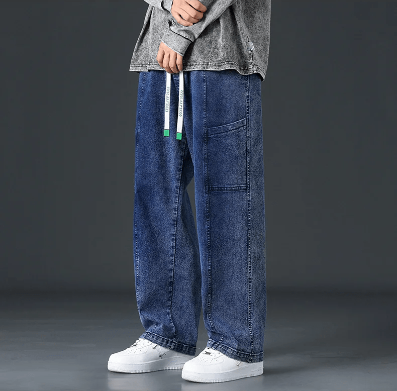 Baggy Streetwear Jeans i Premium 100% Bomull med Elastisk Midja - STILUNA