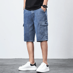 Bermuda Cargo Denim Shorts i Vintage Blå och Kolgrå med Elastisk Midja - STILUNA