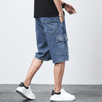 Bermuda Cargo Denim Shorts i Vintage Blå och Kolgrå med Elastisk Midja - STILUNA