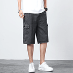 Bermuda Cargo Denim Shorts i Vintage Blå och Kolgrå med Elastisk Midja - STILUNA