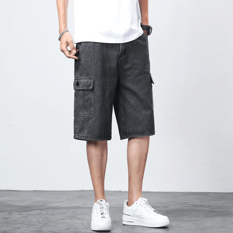 Bermuda Cargo Denim Shorts i Vintage Blå och Kolgrå med Elastisk Midja - STILUNA