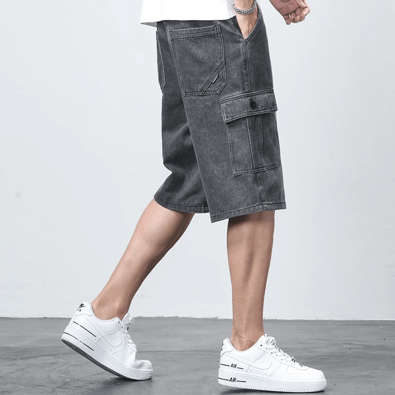 Bermuda Cargo Denim Shorts i Vintage Blå och Kolgrå med Elastisk Midja - STILUNA