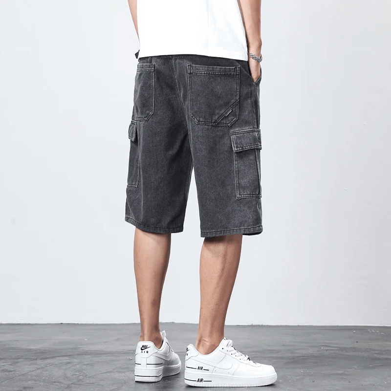 Bermuda Cargo Denim Shorts i Vintage Blå och Kolgrå med Elastisk Midja - STILUNA