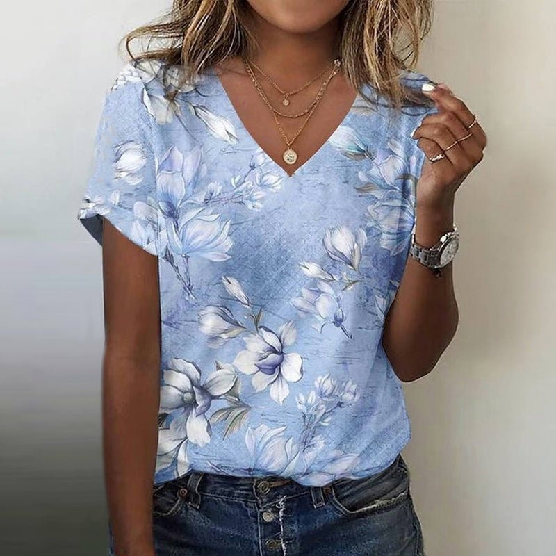 Blommig T-shirt i Bomull och Polyester med V - ringning – Kortärmad för Vår och Sommar - STILUNA