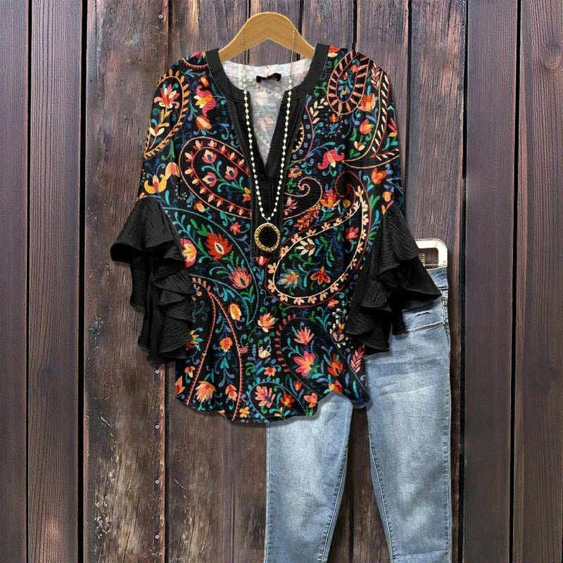 Blommönstrad Vintage Blus i Bomull och Polyester – Halvlång Ärm med V - Ringning - STILUNA