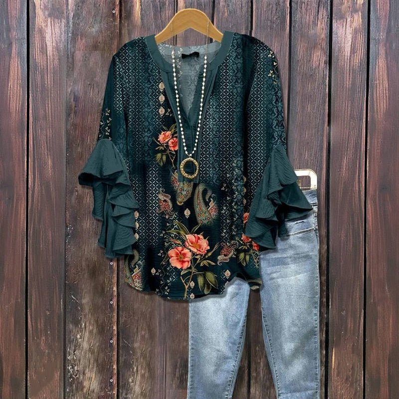 Blommönstrad Vintage Blus i Bomull och Polyester – Halvlång Ärmar med V - Ringning - STILUNA