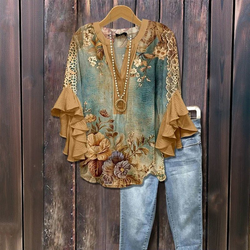 Blommönstrad Vintage Blus i Bomull och Polyester – Halvlång Ärmar med V - Ringning - STILUNA