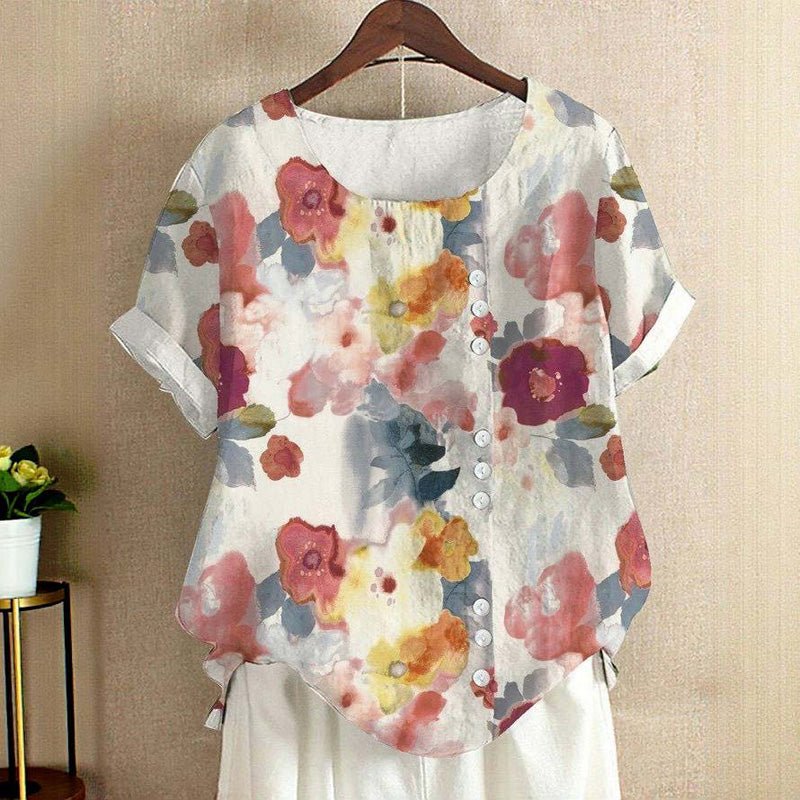 Blommönstrad Vintage Blus i Bomull och Polyester – Kortärmad Rundhalsad - STILUNA
