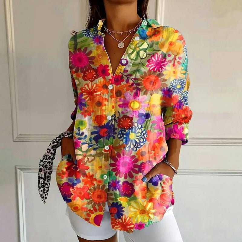 Blommönstrad Vintage Blus i Bomull och Polyester – Långärmad med Krage - STILUNA