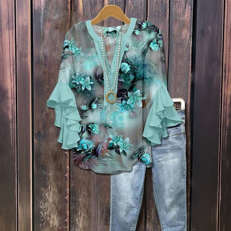 Blommönstrad Vintage Blus i Bomull och Polyester med Halvlånga Volangärmar och V - Ringning för Dam - STILUNA