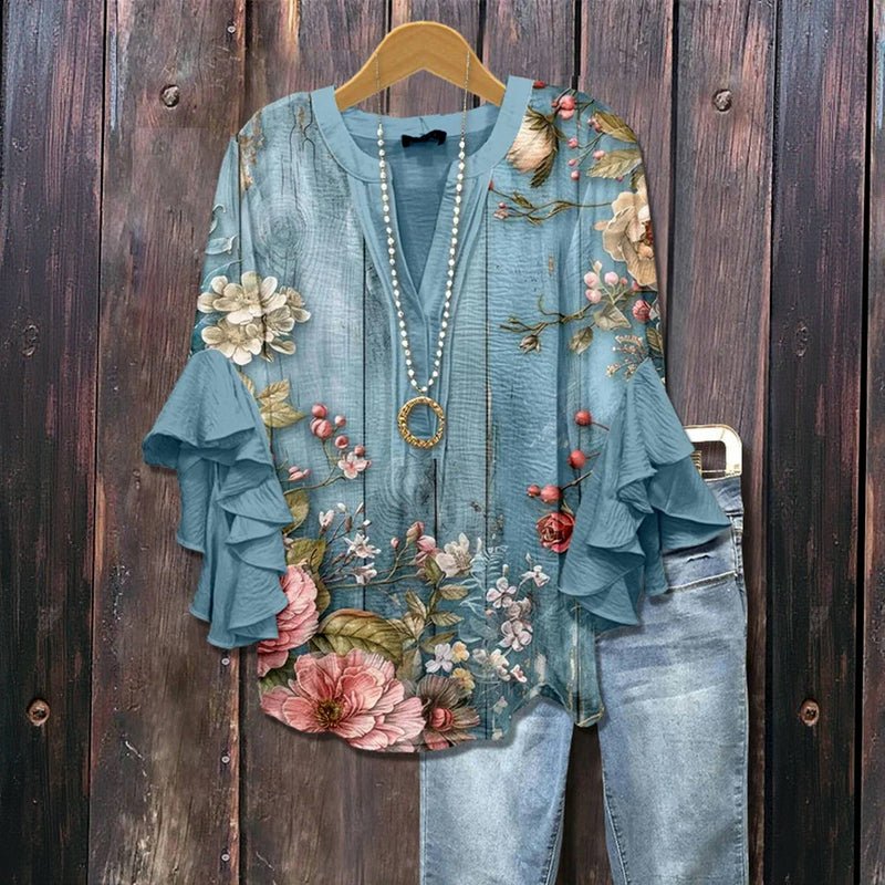 Blommönstrad Vintageblus i Bomull och Polyester – Halvlång Ärmar med V - Ringning - STILUNA