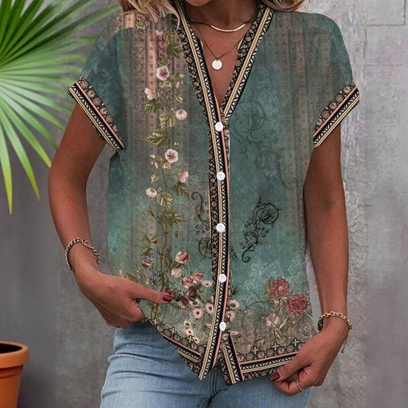Blommönstrad Vintageblus i Bomull och Polyester – Kortärmad V - Ringning för Vår och Sommar - STILUNA
