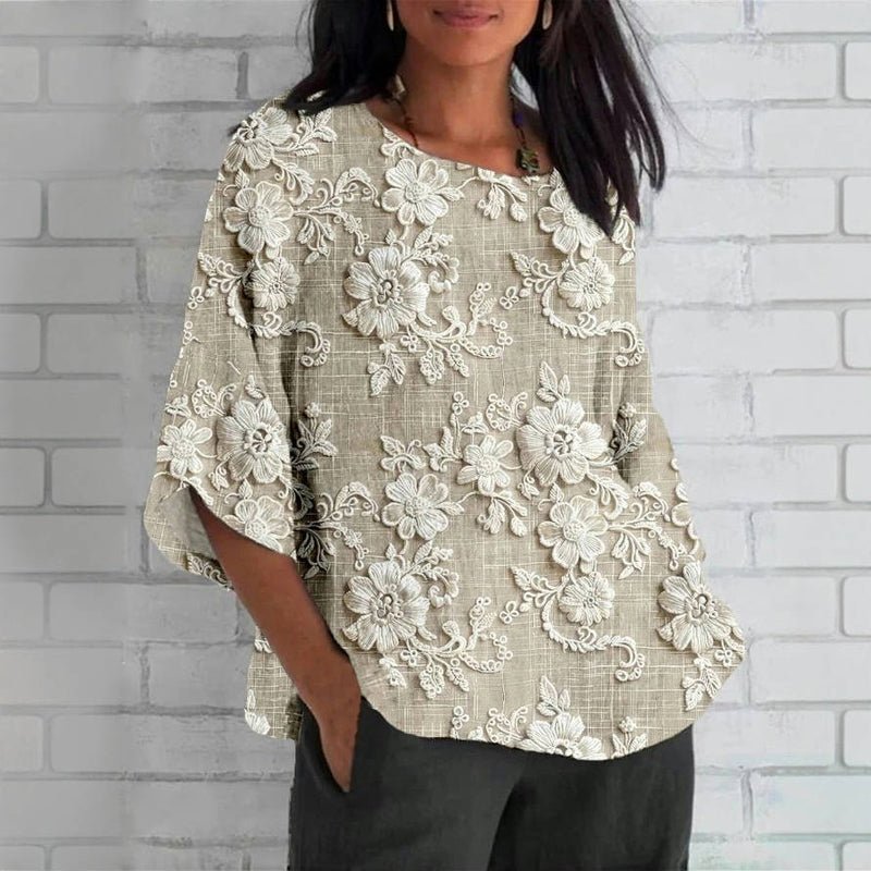 Blommönstrad Vintageblus i Bomullspolyester – Halv Ärmar och Rund Halsringning - STILUNA