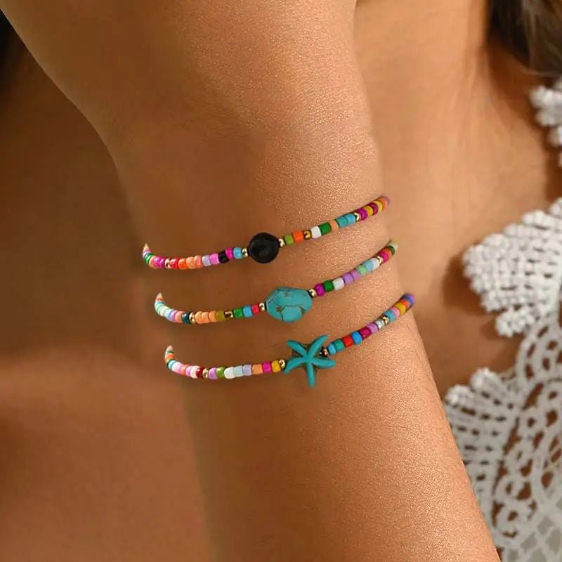 Bohemiskt Armband med Naturstenar och Sjöstjärna – Justerbar Längd 22 cm - STILUNA