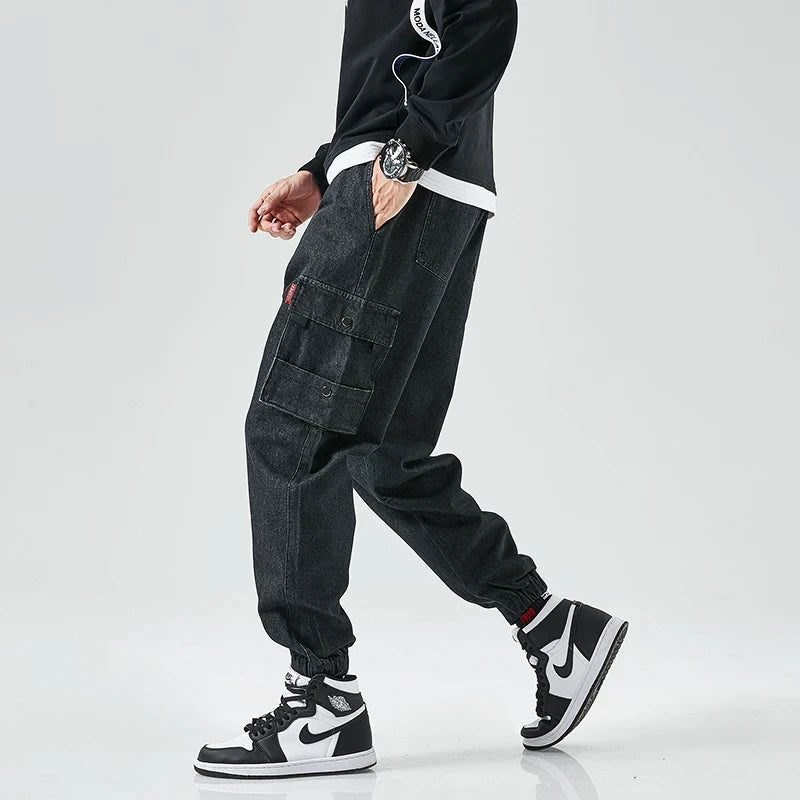 Cargo Jogger Jeans i Denim med Elastisk Midja och Taperad Passform - STILUNA