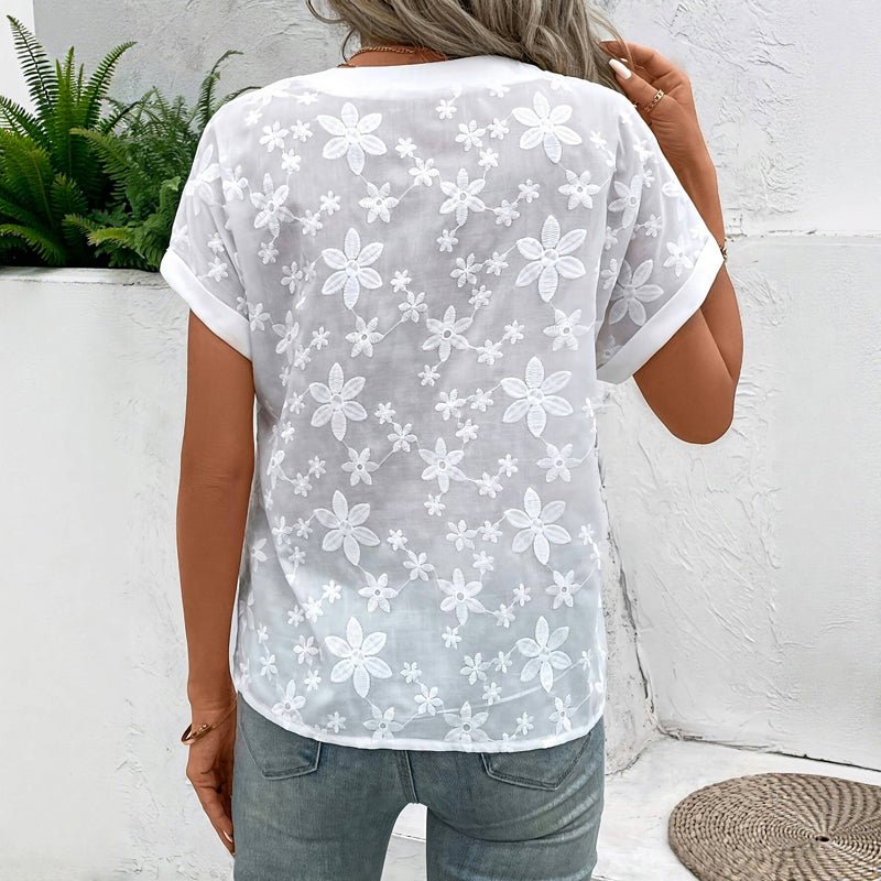 Elegant Blommig Broderad Blus i Bomull och Polyester för Vår och Sommar - STILUNA