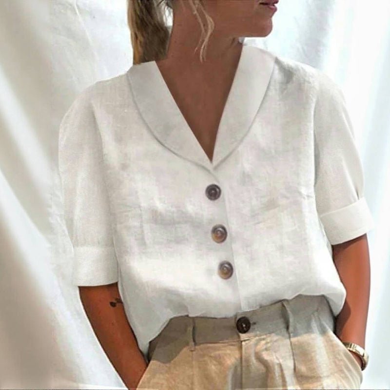 Elegant Blus i Bomull och Polyester med Halvlånga Ärmar – Enfärgad Design för Vår och Sommar - STILUNA