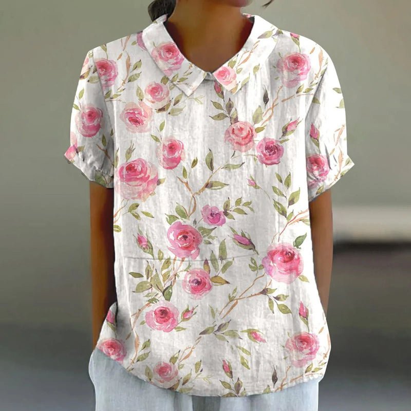 Elegant Blus med Blommönster i Bomull och Polyester – Kortärmad med Krage - STILUNA