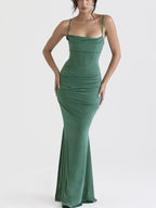 Elegant Klänningar För Kvinnor Mandelfärgad Korsett Maxi Klänning Draperad Kvälls Klänning Fest Klänning Bodycon Sexig Rygglös Klänning Med Fiskben - STILUNA