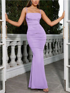 Elegant Klänningar För Kvinnor Mandelfärgad Korsett Maxi Klänning Draperad Kvälls Klänning Fest Klänning Bodycon Sexig Rygglös Klänning Med Fiskben - STILUNA