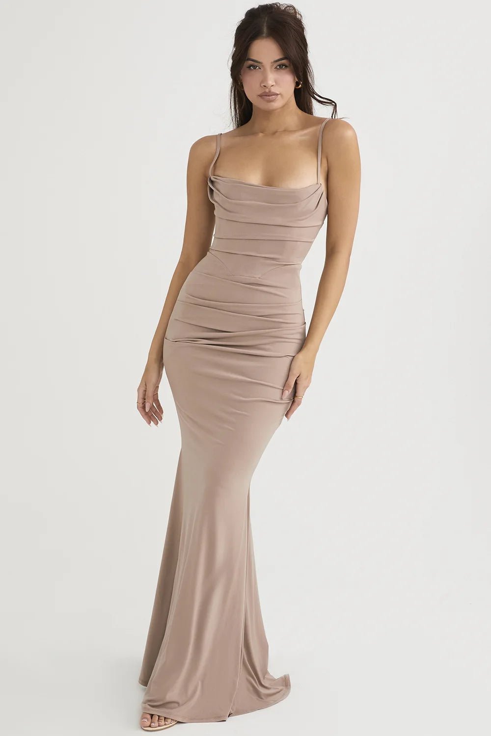 Elegant Klänningar För Kvinnor Mandelfärgad Korsett Maxi Klänning Draperad Kvälls Klänning Fest Klänning Bodycon Sexig Rygglös Klänning Med Fiskben - STILUNA