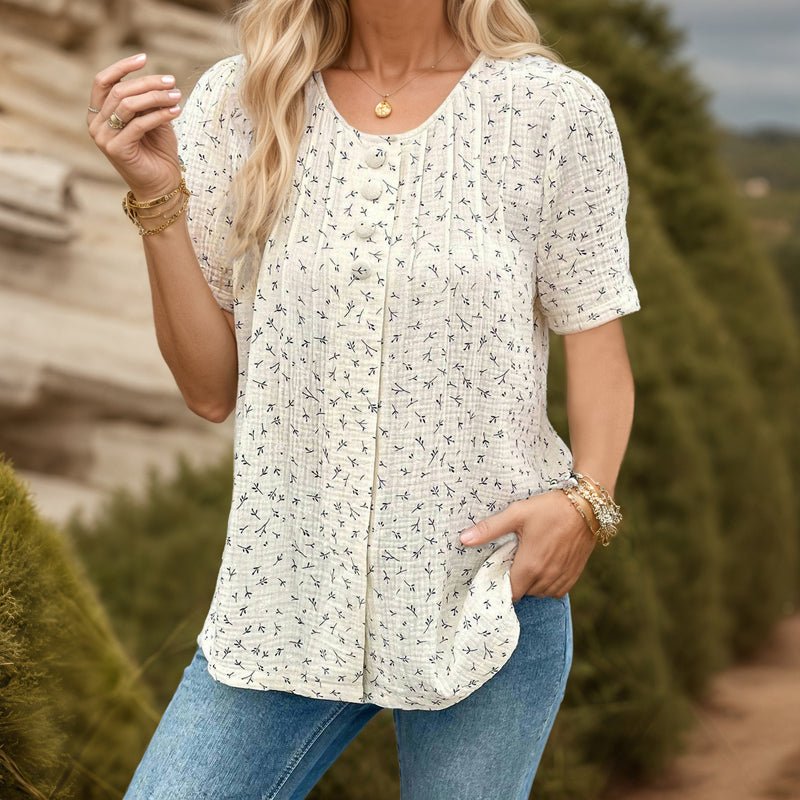 Elegant Vit Blus i Bomull och Polyester med Knappar – Kortärmad Rund Halsringning för Dam - STILUNA