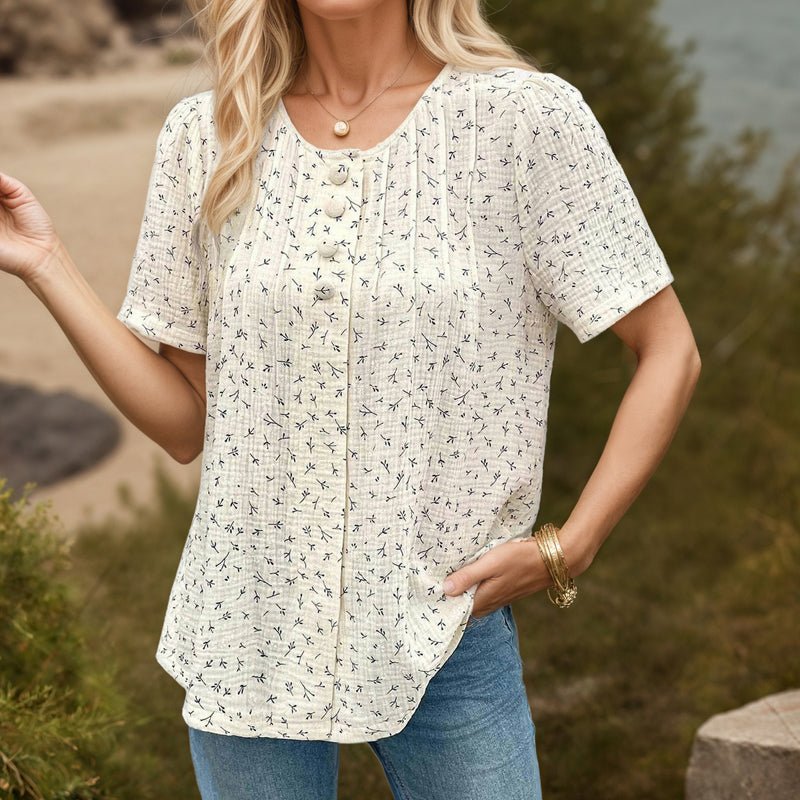 Elegant Vit Blus i Bomull och Polyester med Knappar – Kortärmad Rund Halsringning för Dam - STILUNA