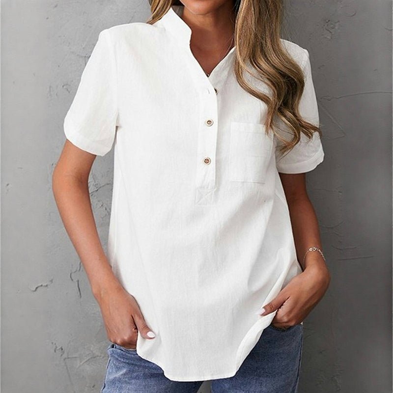Enfärgad Casual Blus i Bomull och Polyester – Kortärmad med Ståkrage - STILUNA