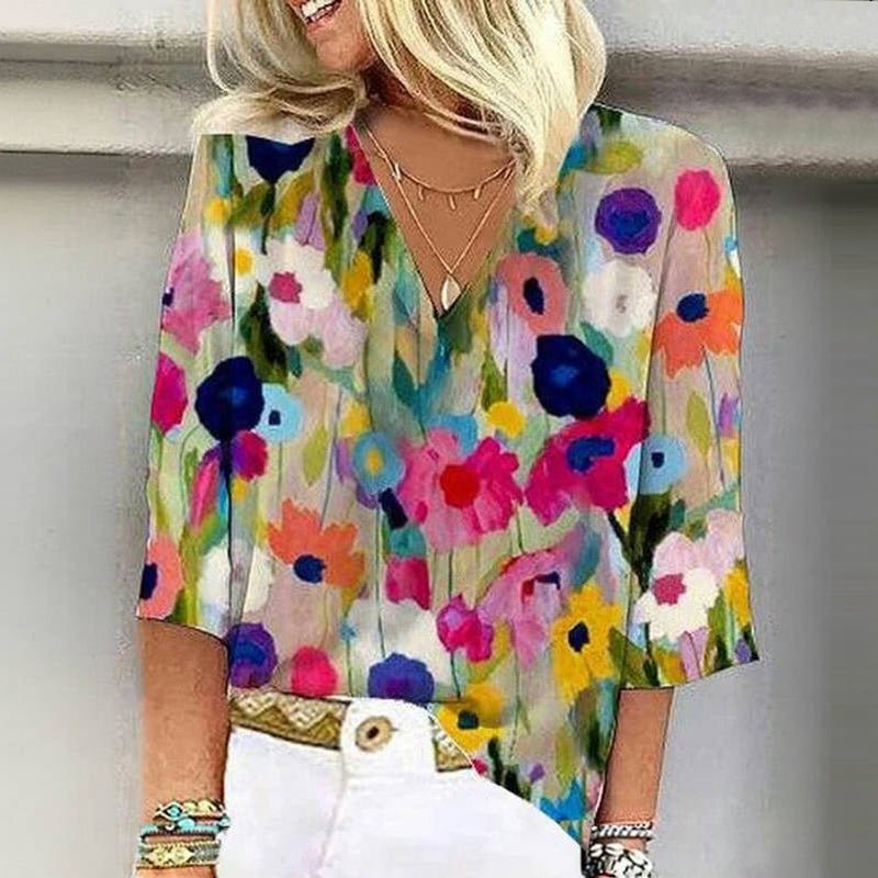 Färgglad Blus med Blommönster i Bomull och Polyester – Trekvartsärm och V - Ringning - STILUNA