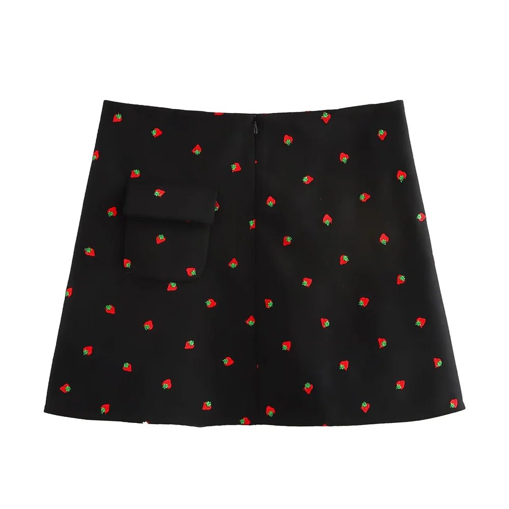 Kvinnors Casual Retro Jordgubbsbroderad Kavaj och Hög Midja Mini Kjol Mode Set: Lås Upp Stil och Komfort för Moderna Kvinnor - STILUNA
