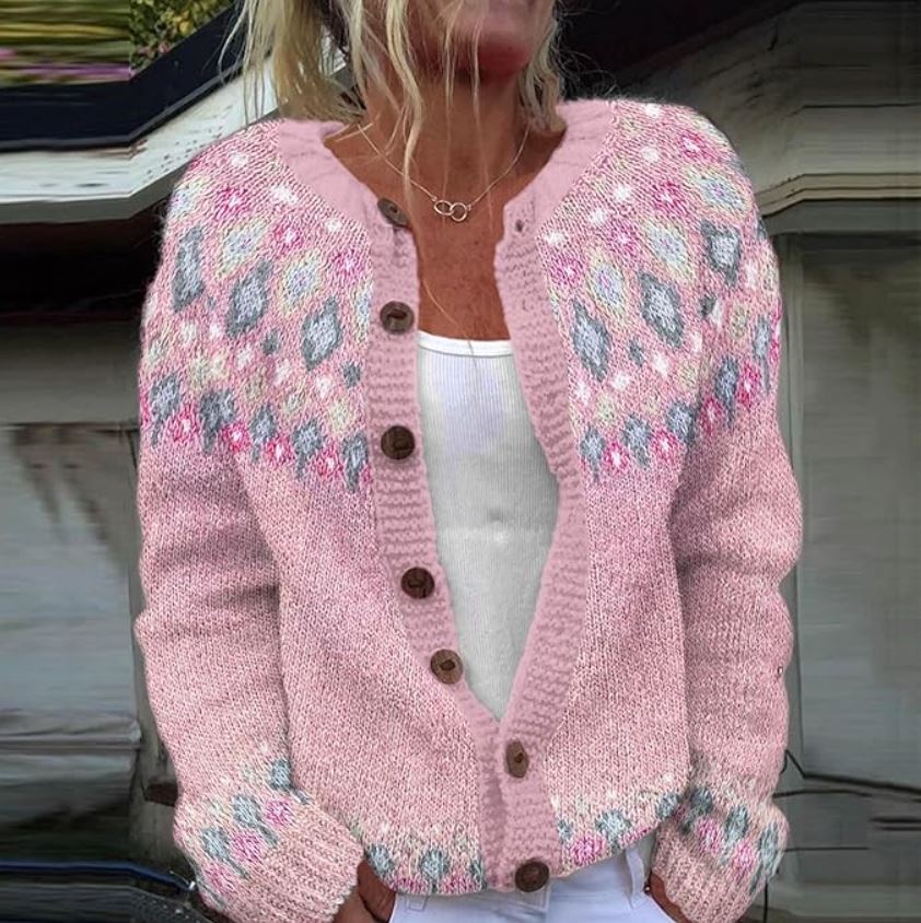 Lång Kofta i Rosa med Tryck – Lätt och Loose Fit Stickad Kofta för Bekväm Stil - STILUNA