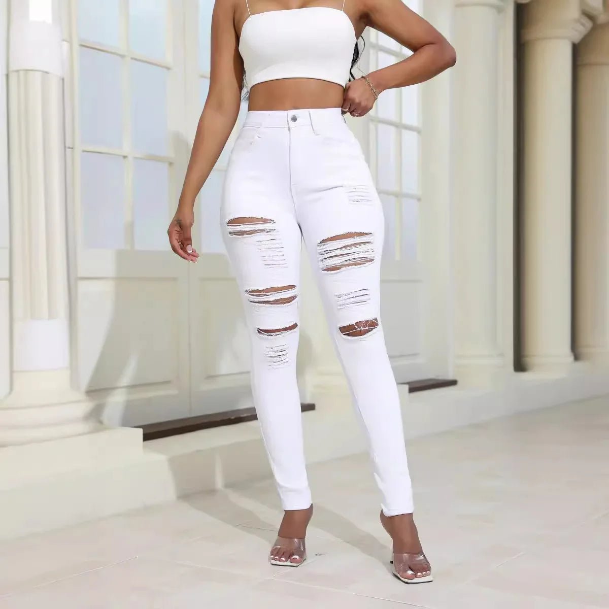 Mandylandy Sexy Bodycon Jeans: Lås Upp Stil och Komfort för Kvinna med Hög Midja och Rippade Detaljer - STILUNA