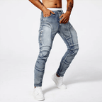 Slim Moto Jeans i Tvättad Bomull med Funktionella Zip - fickor och Taperad Ben – Slim Fit, Mid Rise, Fem Fickor - STILUNA
