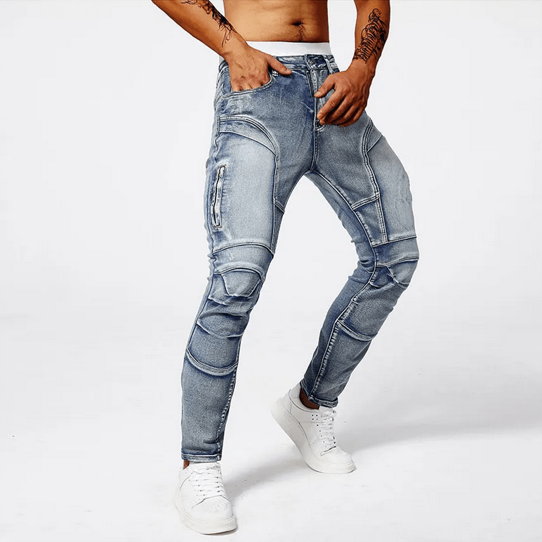 Slim Moto Jeans i Tvättad Bomull med Funktionella Zip - fickor och Taperad Ben – Slim Fit, Mid Rise, Fem Fickor - STILUNA