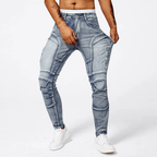 Slim Moto Jeans i Tvättad Bomull med Funktionella Zip - fickor och Taperad Ben – Slim Fit, Mid Rise, Fem Fickor - STILUNA