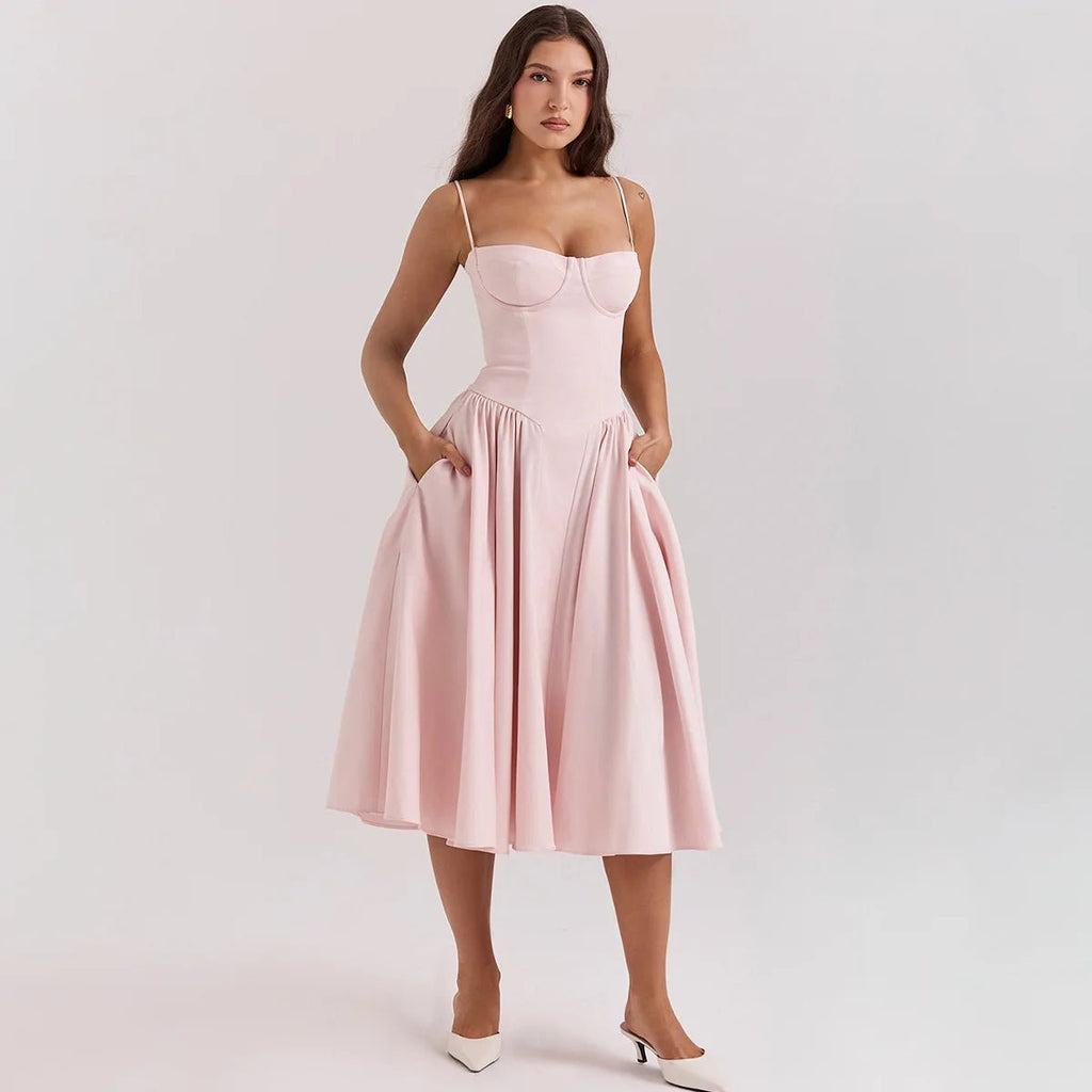 Sommardress för Damer – Elegant Ärmlös Rygglös Plisserad Midi Klänning - STILUNA
