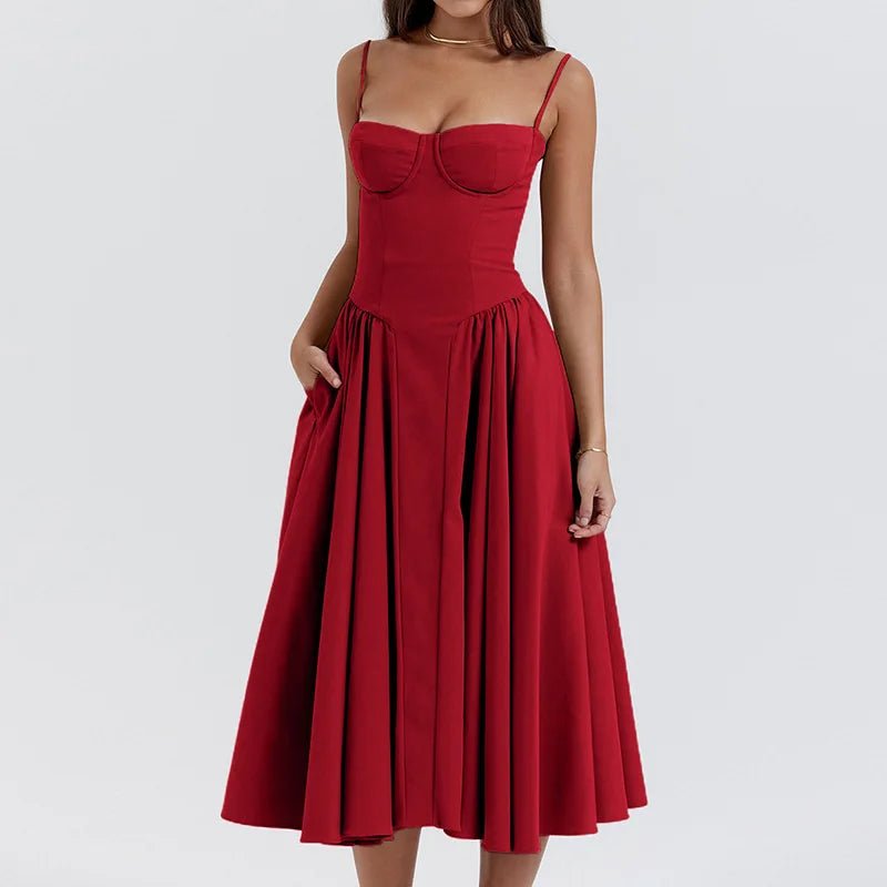 Sommardress för Damer – Elegant Ärmlös Rygglös Plisserad Midi Klänning - STILUNA
