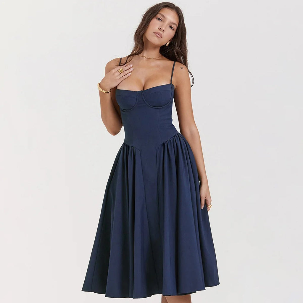 Sommardress för Damer – Elegant Ärmlös Rygglös Plisserad Midi Klänning - STILUNA