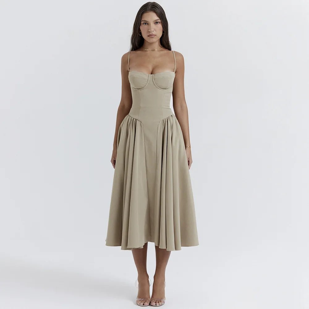 Sommardress för Damer – Elegant Ärmlös Rygglös Plisserad Midi Klänning - STILUNA