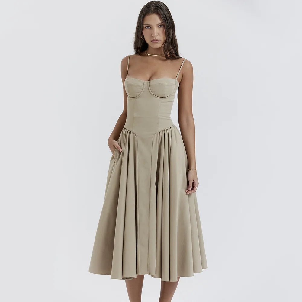 Sommardress för Damer – Elegant Ärmlös Rygglös Plisserad Midi Klänning - STILUNA