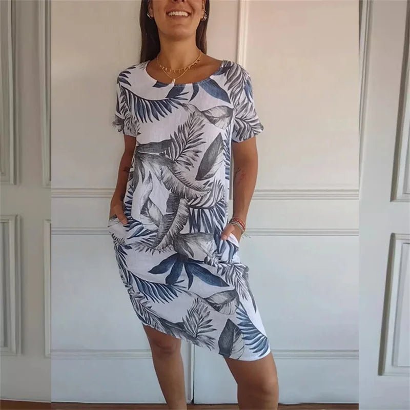 Sommarklänning med Botaniskt Print & Fickor – Boho Stil - STILUNA